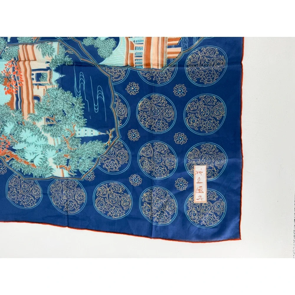 Vintage Silk Scarf Women OS Blue Chinese Garden Pagoda Hand Rolled Chinoiserie